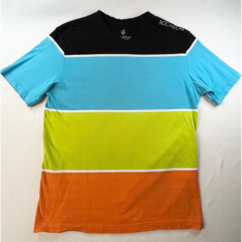 Rocawear Mens Colorblock Stripe V-Neck T-Shirt Black Blue Green Orange Size M